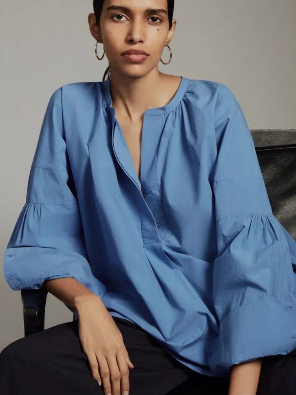 COS Collarless Poplin Cotton Relaxed Blue Tunic Peasant Blouse Top Size 10